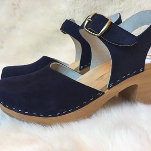 Handmade Leather Clogs Blue,  Swedish Clog Sandals, Natural Leather , Woden Clog Sandals, DARK BLUEChristmas giftmother Day Gift