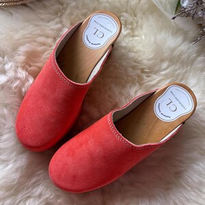 Orange Suede Wooden Clogs for Women – Handmade Heeled Clogs, Scandinavian Style, Comfortable Leather Mules