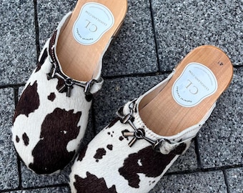 Cowhide print leather clogs shoes for women, garden and everyday wear footwear, farmhouse boots