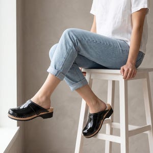 Black Wooden Clogs for Women, Swedish Style with Natural Leather