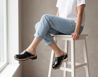 Black Wooden Clogs for Women, Swedish Style with Natural Leather