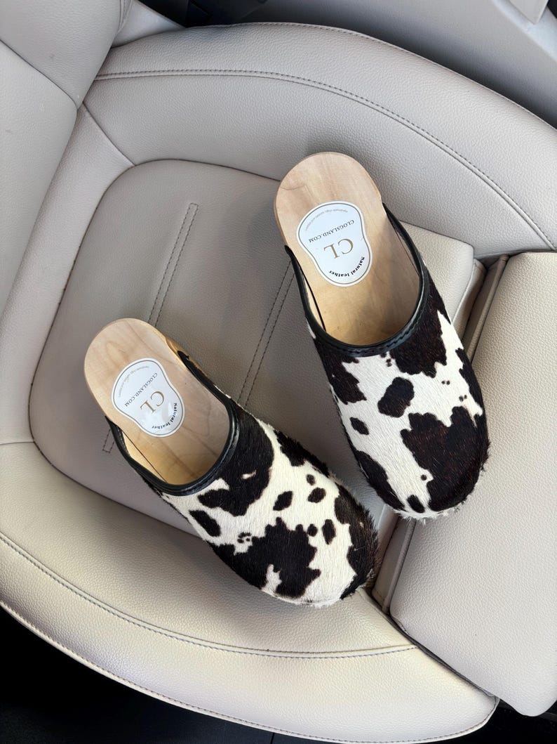 Swedish cowhide clogs - Stylish black and white cowhide clogs - Perfect birthday and Christmas gift
