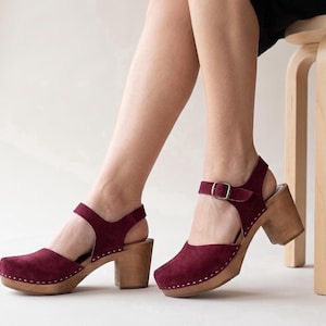 Swedish Clogs, Red Wine Leather Wooden Heel Sandals with Ankle Strap
