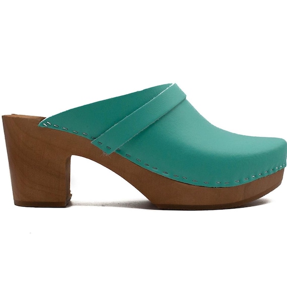 Leather Clogs Comfortable Mules Blue Leather Heeled Clogs