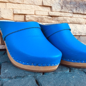 Swedish Clogs, Natural Leather, Woden Clogs, Handmade Leather Clogs BlueChristmas giftmother Day Gift Garden clogs