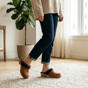 Sheepskin Clogs, Brown Suede Leather with Wooden Soles