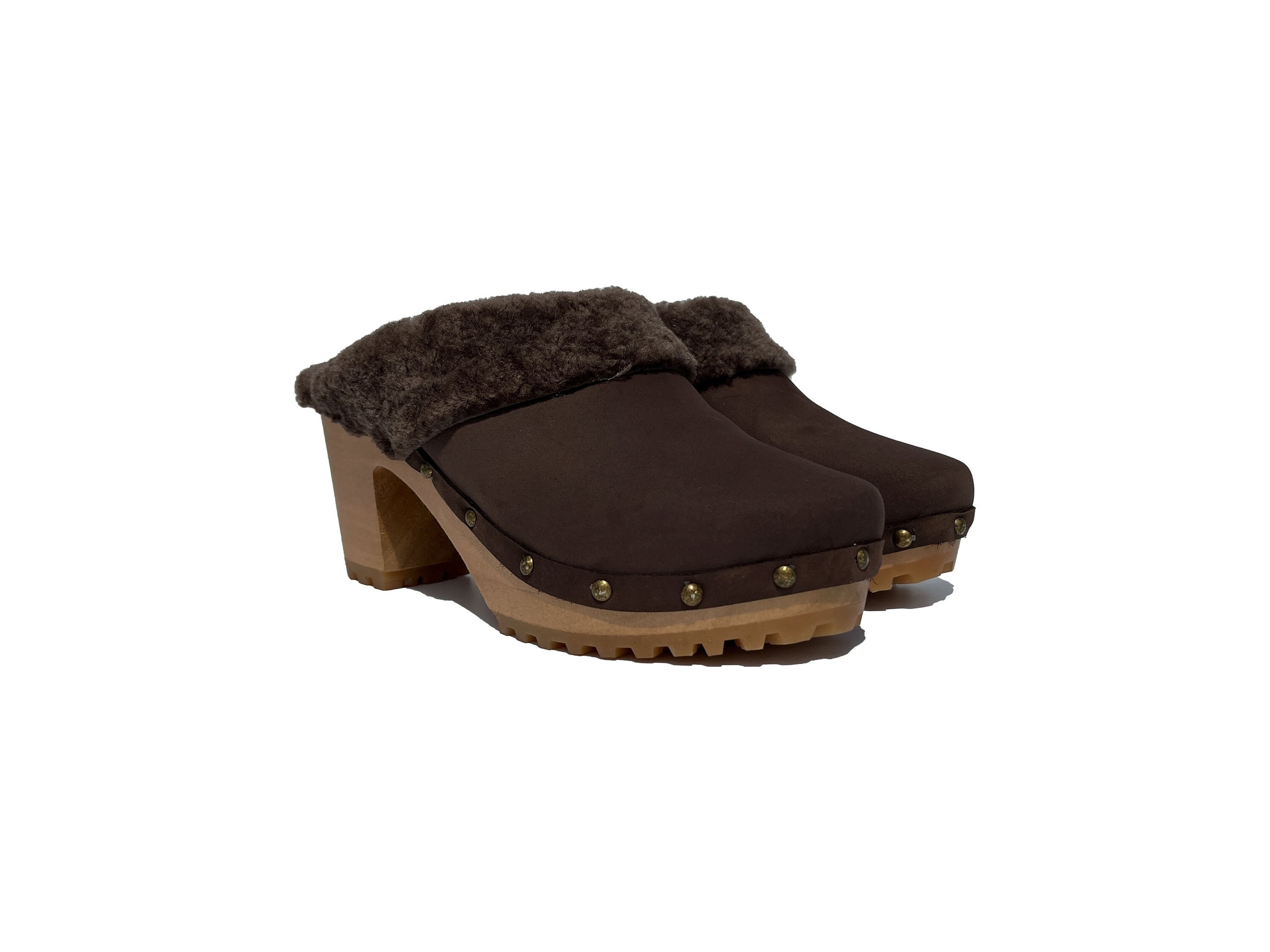 Winter Fur Clogs Brown Leather, Clogs for Women, Platform Clogs