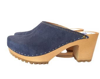 Handmade Blue Suede Clogs for Women - High Heel Swedish Clogs