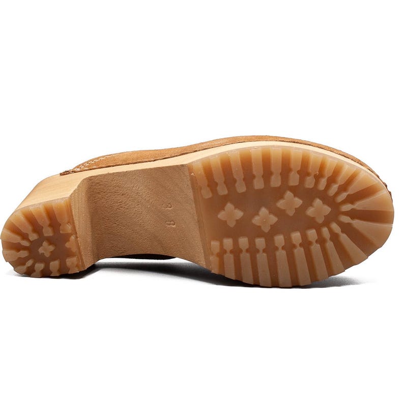 Brown suede high heel clogs for women