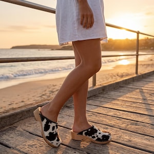 Cow Leather Clogs Shoes with cowhide in black and white, womens wooden mules