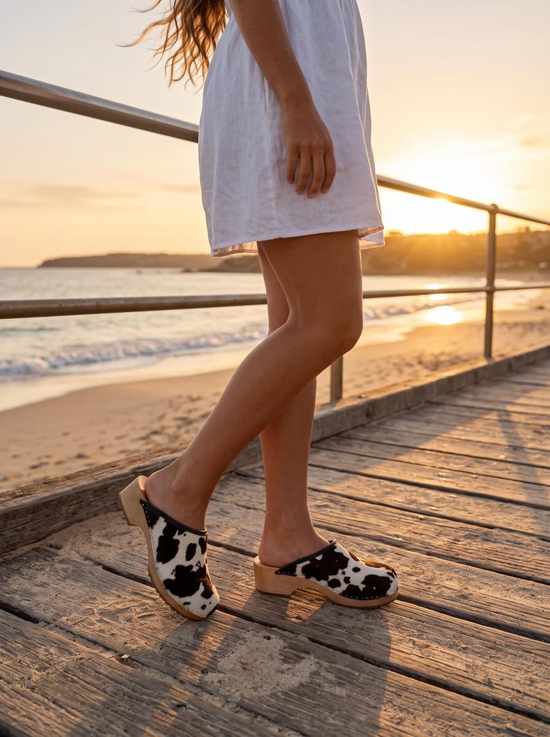 Cow Leather Clogs Shoes with cowhide in black and white, womens wooden mules