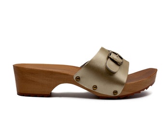 Sandali svedesi fatti a mano, Zoccoli naturali fatti a mano, Pelle naturale, Legno naturale, Zoccoli in pelle NERO