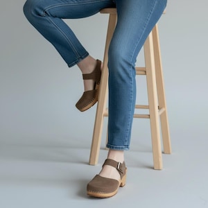 Brown Nubuck Leather Clogs, Scandinavian Wooden Sandals for Women