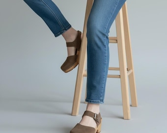 Brown Nubuck Leather Clogs, Scandinavian Wooden Sandals for Women