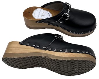 Handmade Black Leather Clogs | Wooden Mules with Metal Detail