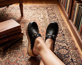Black Leather Clogs with Wooden Sole and Metal Detail