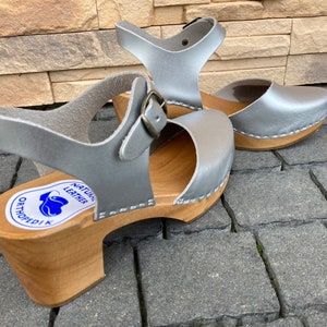 Silver Clogs with Wooden Heel | Women's Summer Sandals, Boho Wedding Shoes, Adjustable Strap image 2