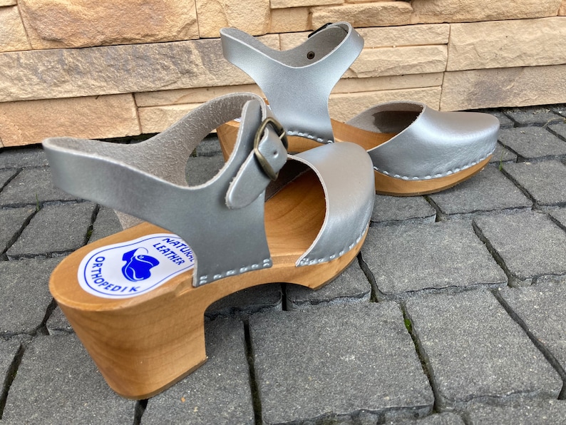 Silver Clogs with Wooden Heel | Women's Summer Sandals, Boho Wedding Shoes, Adjustable Strap image 2