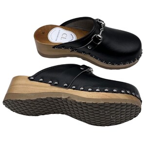 Black Leather Platform Clogs for Women with Decorative Bracelet | Handmade Wooden Mules | Clogsland