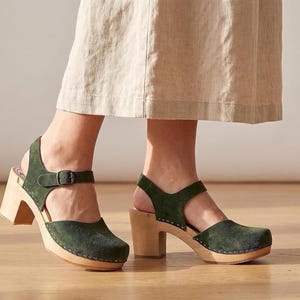 Swedish Clogs, Green Leather Heels with Wooden Base for Comfort