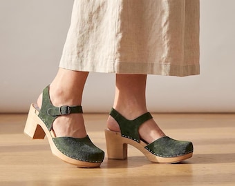 Swedish Clogs, Green Leather Heels with Wooden Base for Comfort