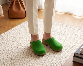 Natural Leather Clogs for Women, Handmade Swedish Wooden Sandals in Green