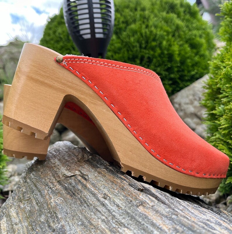 Orange Suede Wooden Clogs for Women – Handmade Heeled Clogs, Scandinavian Style, Comfortable Leather Mules