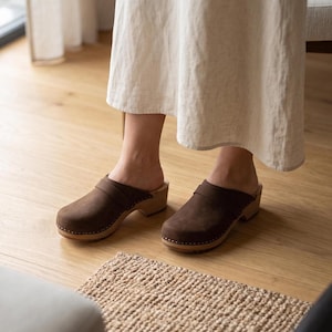 Brown Nubuck Clogs, Natural Leather Slip-On Shoes with Wooden Soles