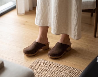 Brown Nubuck Clogs, Natural Leather Slip-On Shoes with Wooden Soles