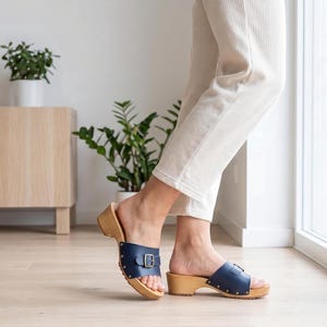 Swedish Clog Sandal in Dark Blue Natural Leather Wooden Mules