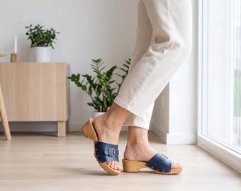 Swedish Clog Sandal in Dark Blue Leather, Wooden Mule With Buckle