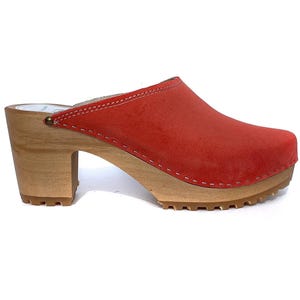 Orange Suede Wooden Clogs for Women – Handmade Heeled Clogs, Scandinavian Style, Comfortable Leather Mules