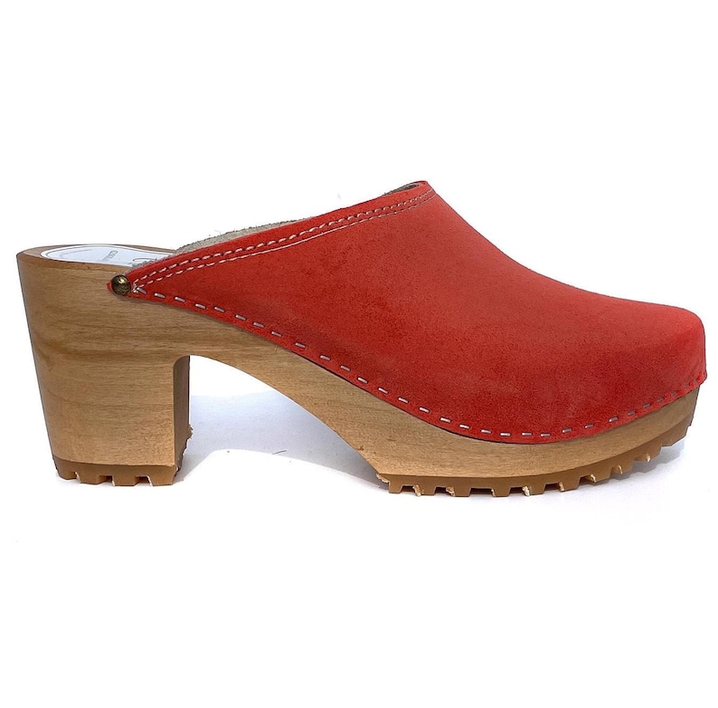 Orange Suede Wooden Clogs for Women – Handmade Heeled Clogs, Scandinavian Style, Comfortable Leather Mules