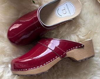 Red Wine Leather Clogs: Handmade Swedish Style, Orthopedic Alder Wood Sole