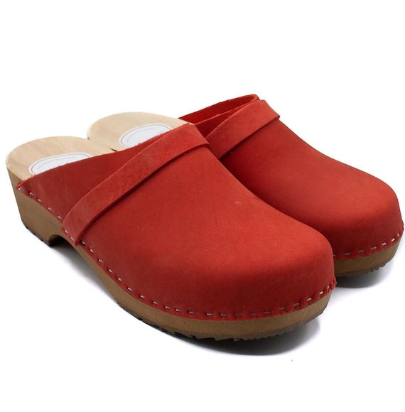 Cinnabar Wooden Clogs: Oiled Nubuck Leather, Low Heel Swedish Sandals
