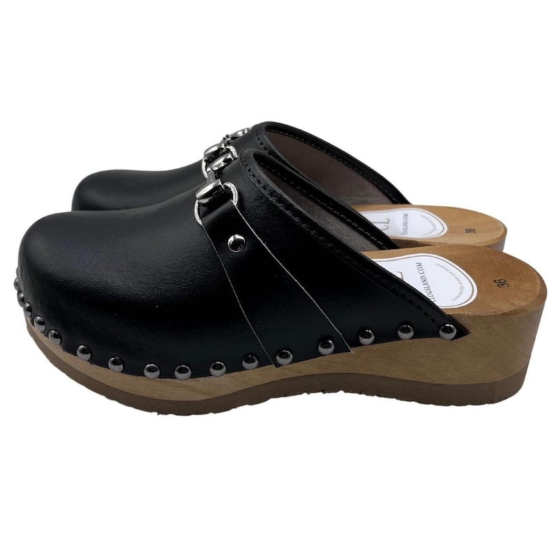 Black Leather Platform Clogs for Women with Decorative Bracelet | Handmade Wooden Mules | Clogsland