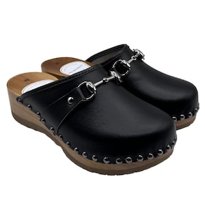 Black Leather Platform Clogs for Women with Decorative Bracelet | Handmade Wooden Mules | Clogsland