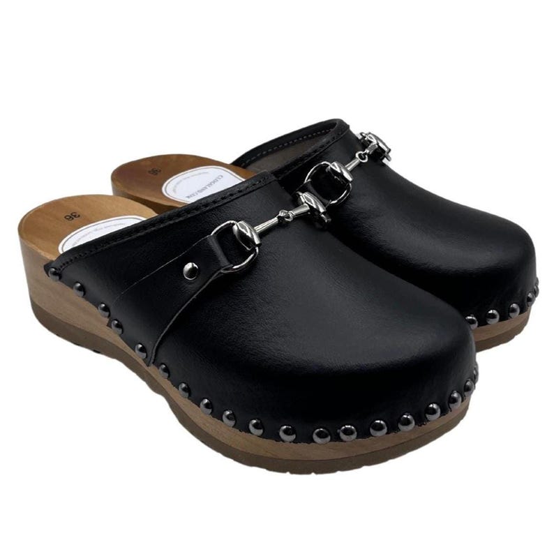 Black Leather Platform Clogs for Women with Decorative Bracelet | Handmade Wooden Mules | Clogsland