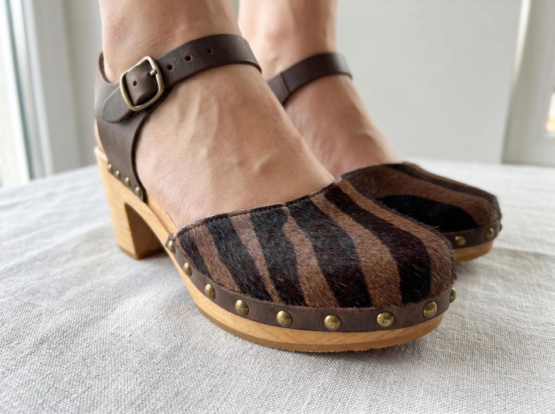 Handmade Cowhide Leather Clogs | High Heel Wooden Mules, Boho Chic