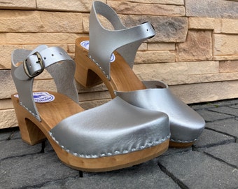 Wedding Shoes, Handmade Wedding Shoes, Leather Clogs Swedish Clog Sandals, Natural Leather, SILVER Leather, mother day gift Garden clogs