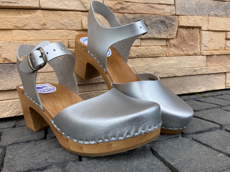 Silver Clogs with Wooden Heel | Women's Summer Sandals, Boho Wedding Shoes, Adjustable Strap image 1