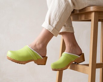 Handmade Green Swedish Wooden Clogs and Leather Moccasins