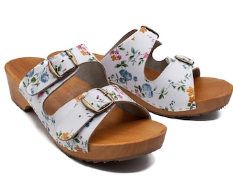 Floral Leather Clogs: Handmade Wooden Summer Sandals