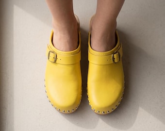 Swedish Clogs for Men and Women, Vintage Brown and Yellow Studded Casual Shoes