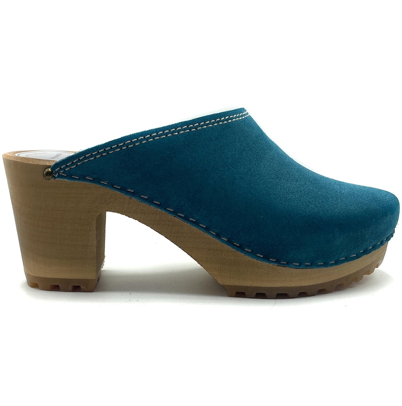 Blue Suede Wooden Clogs for Women – Handmade Heeled Clogs, Scandinavian Style, Comfortable Leather Mules
