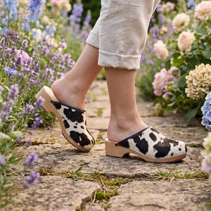 Cow Leather Clogs Shoes with cowhide in black and white, womens wooden mules