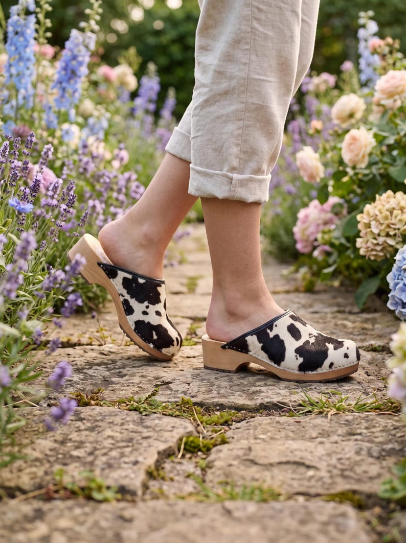 Cow Leather Clogs Shoes with cowhide in black and white, womens wooden mules