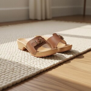 Brown Leather Clogs for Women | Wooden Slide-On Summer Sandals, Eco-Friendly Outdoor Footwear shown in an AI-generated listing photo