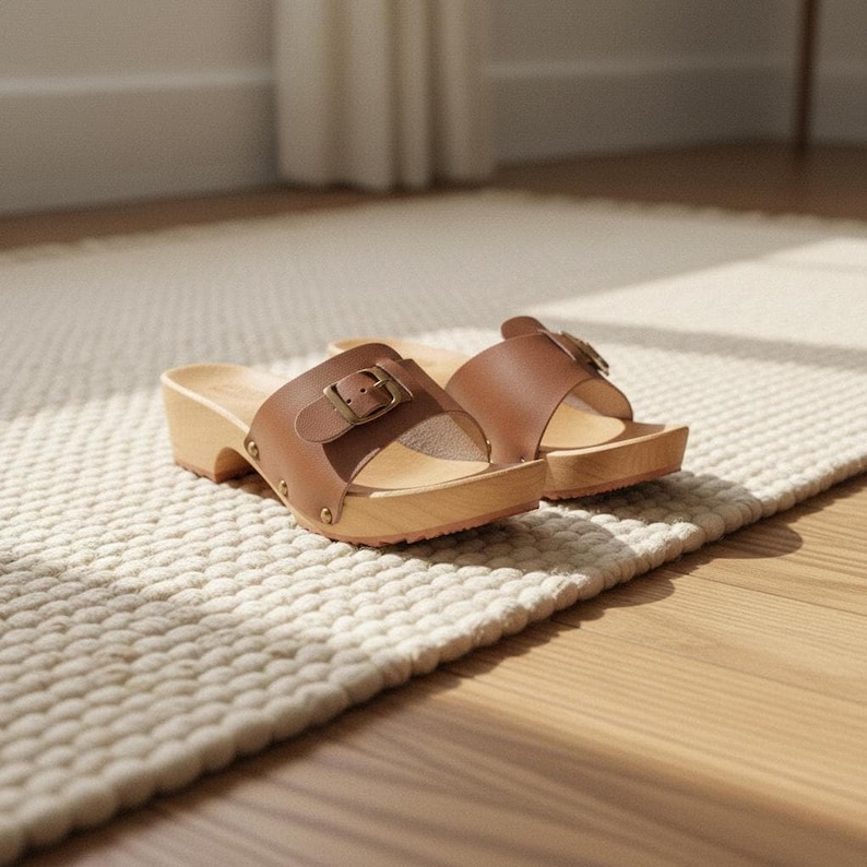 Brown Leather Clogs for Women | Wooden Slide-On Summer Sandals, Eco-Friendly Outdoor Footwear shown in an AI-generated listing photo