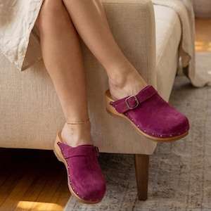 Red Vintage Clogs, Suede Leather Mules with Wooden Sole